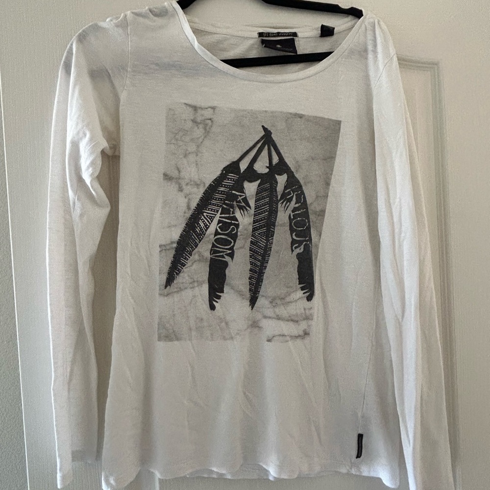 Scotch & Soda White Long Sleeve Tee with Black Feather Design